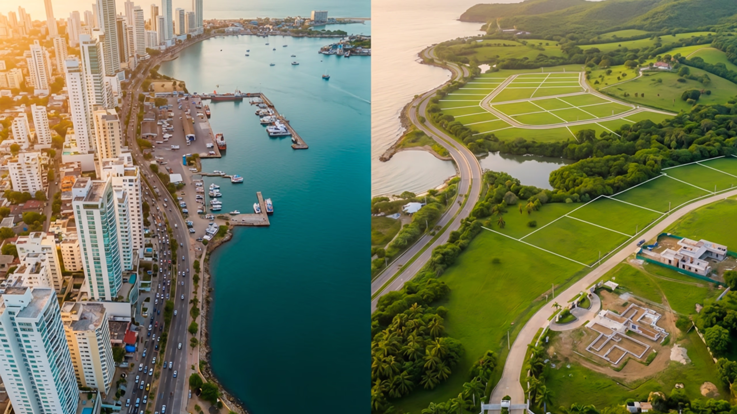 Imagen hiperrealista que muestra el contraste entre la ciudad de Cartagena y un lote campestre de lujo en el Caribe, presentada por Inmobiliaria Spazio Cartagena, Bolívar.