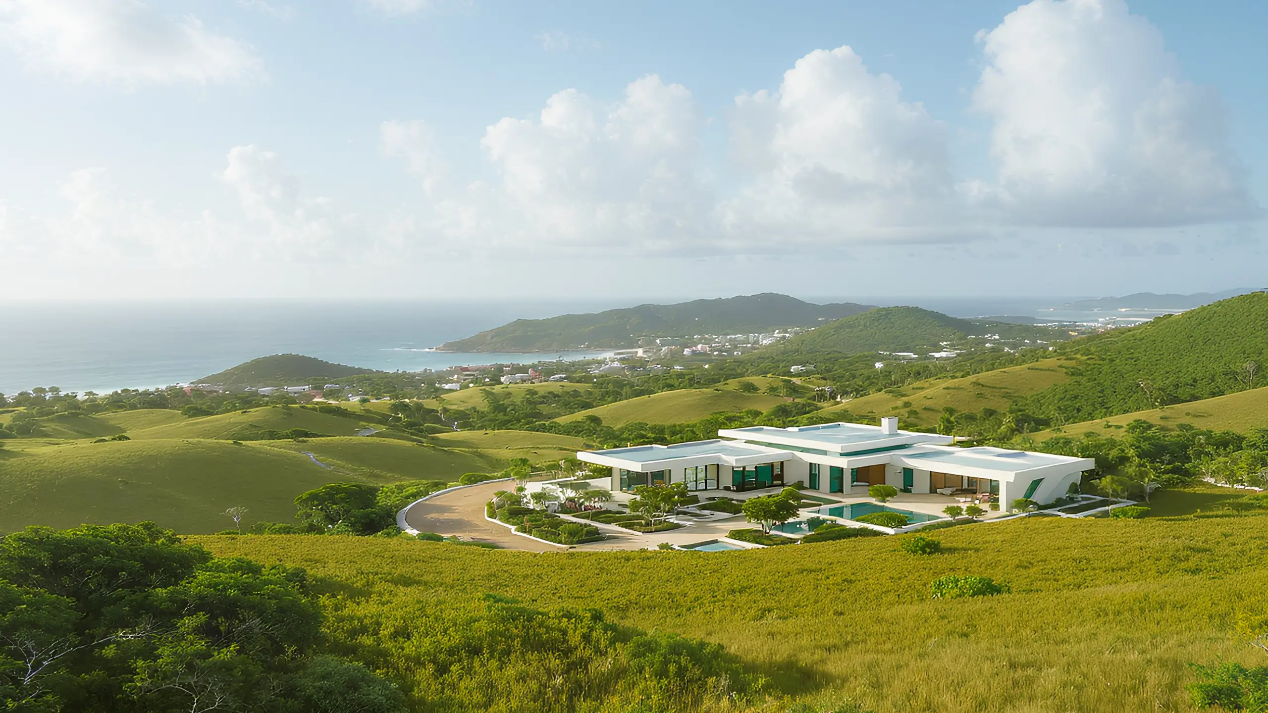 Render arquitectónico minimalista de una propiedad campestre de lujo en el Caribe, rodeada de colinas suaves y vegetación tropical, presentado por Inmobiliaria Spazio Cartagena, Bolívar.